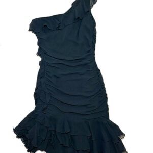 Vtg Express Silk Dress Ruffled 1 Shoulder Cocktail Formal Date Night Bias Cut 4